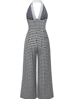 Online Retro Stage White 1940s Plaid Lapel Halter Jumpsuit Black