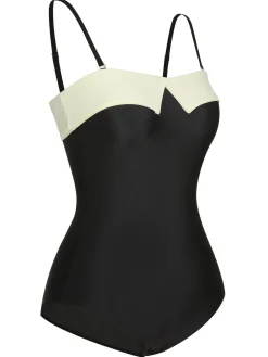 Online Retro Stage White 1950s Solid Bandeau Swimsuit Black