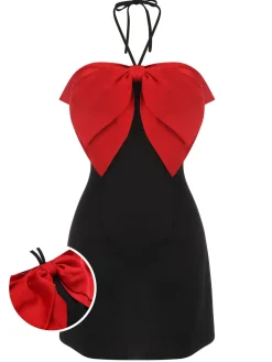 Outlet Retro Stage &Red 1960s Bow-knot Patchwork Wrap Dress Black