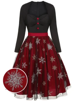 Clearance Retro Stage Black&Red 1950s Christmas Snowflake Mesh Dress Black & Red