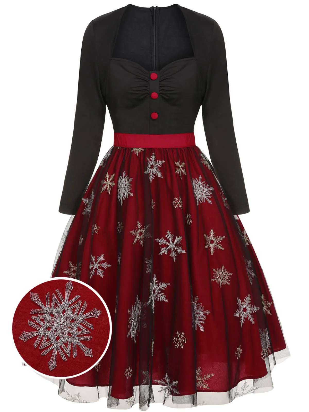 Clearance Retro Stage Black&Red 1950s Christmas Snowflake Mesh Dress Black & Red