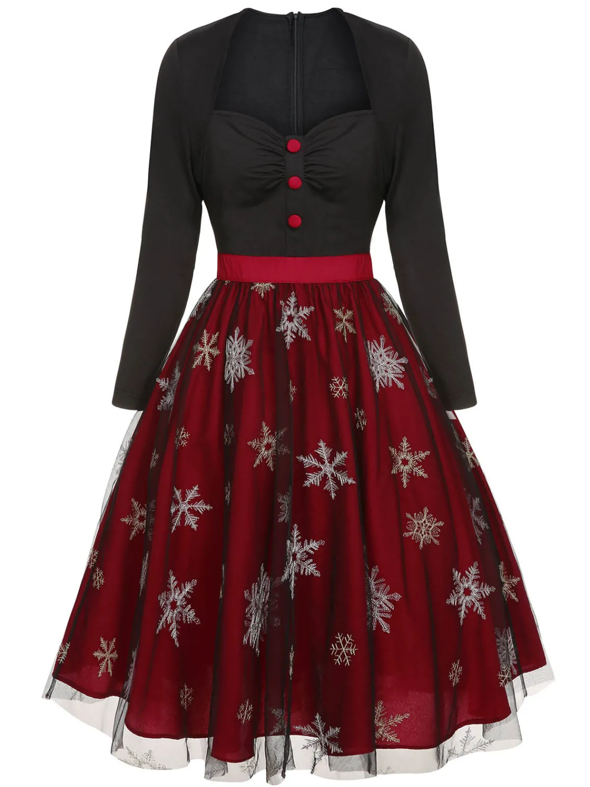 Clearance Retro Stage Black&Red 1950s Christmas Snowflake Mesh Dress Black & Red