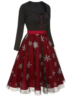 Clearance Retro Stage Black&Red 1950s Christmas Snowflake Mesh Dress Black & Red