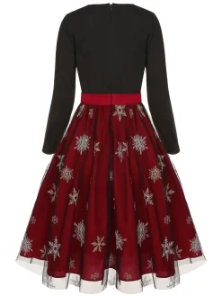 Clearance Retro Stage Black&Red 1950s Christmas Snowflake Mesh Dress Black & Red