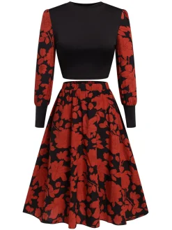 Outlet Retro Stage &Red 1980s Floral Long Sleeves Top&Skirt Black