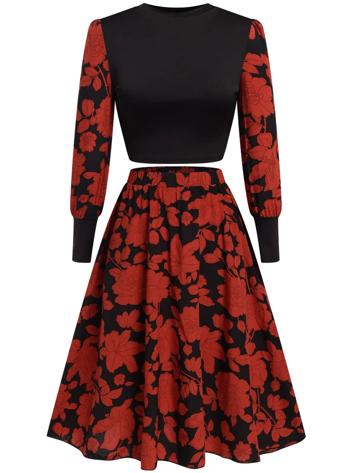 Outlet Retro Stage &Red 1980s Floral Long Sleeves Top&Skirt Black
