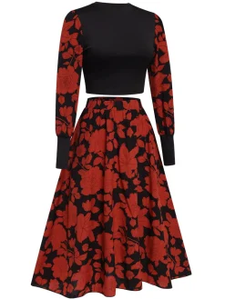 Outlet Retro Stage &Red 1980s Floral Long Sleeves Top&Skirt Black