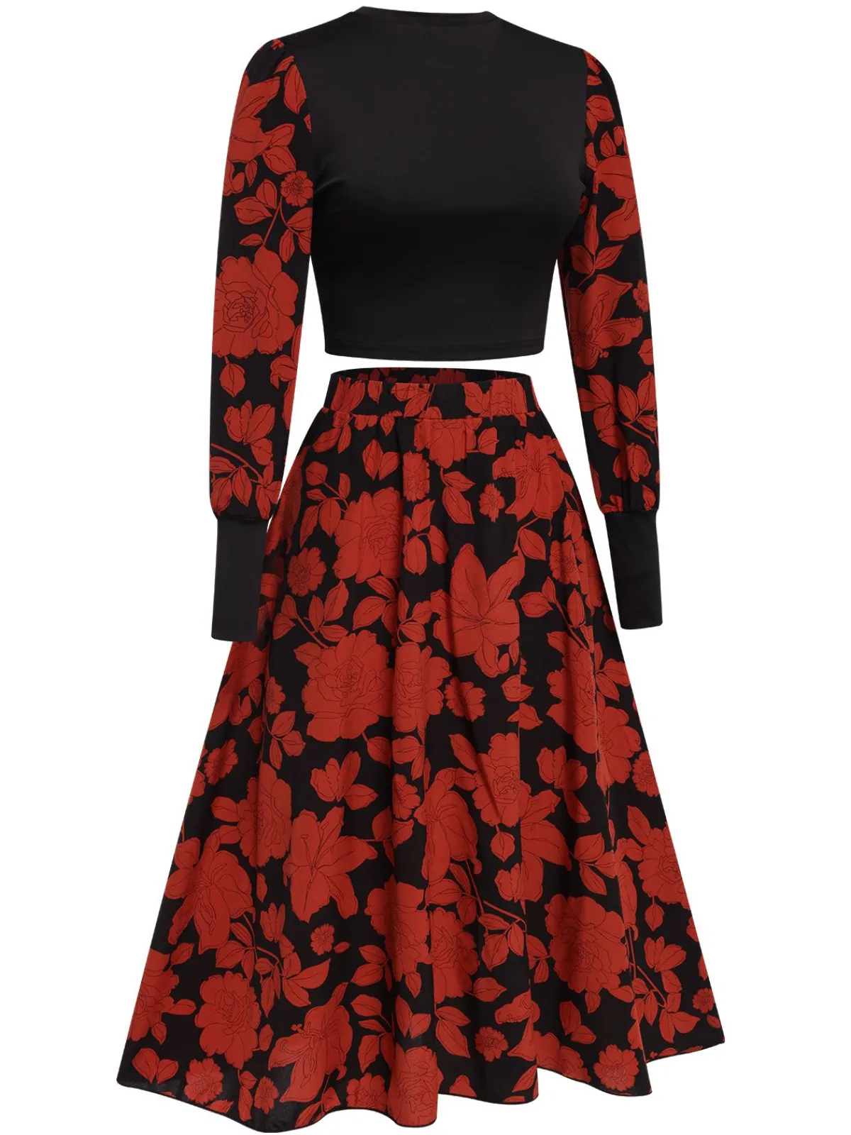 Outlet Retro Stage &Red 1980s Floral Long Sleeves Top&Skirt Black