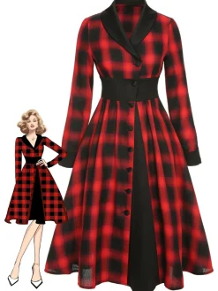 Fashion Retro Stage 1950s Gingham Plaid Button Lapel Dress Black&Red