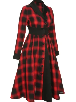 Fashion Retro Stage 1950s Gingham Plaid Button Lapel Dress Black&Red