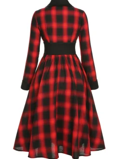 Fashion Retro Stage 1950s Gingham Plaid Button Lapel Dress Black&Red