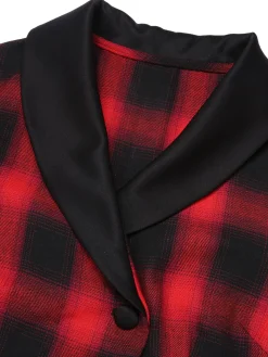 Fashion Retro Stage 1950s Gingham Plaid Button Lapel Dress Black&Red