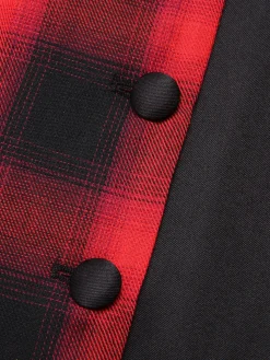 Fashion Retro Stage 1950s Gingham Plaid Button Lapel Dress Black&Red