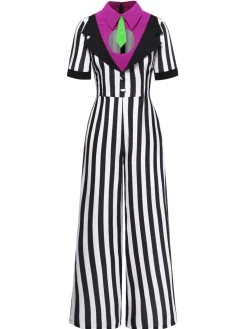 Online Retro Stage 1980s Striped Contrast Jumpsuit Black&White