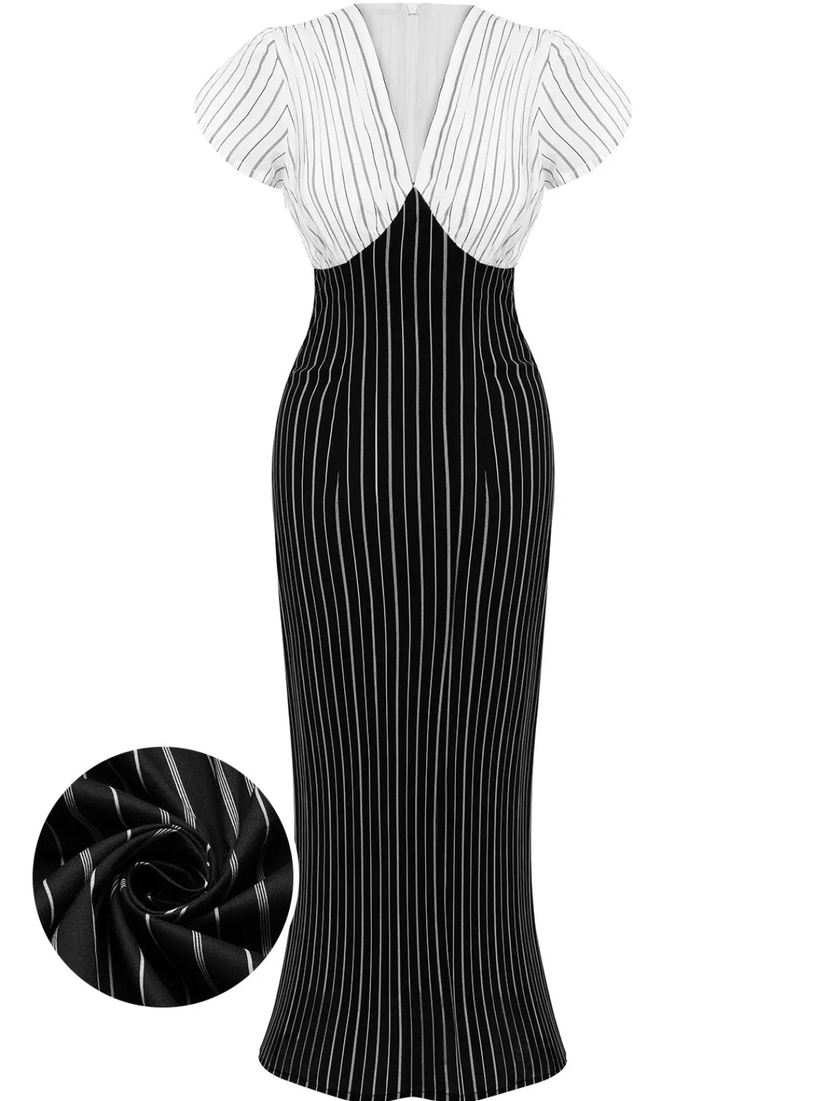 Discount Retro Stage 1930s Striped Deep V-Neck Patchwork Dress Black&White