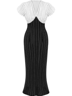 Discount Retro Stage 1930s Striped Deep V-Neck Patchwork Dress Black&White