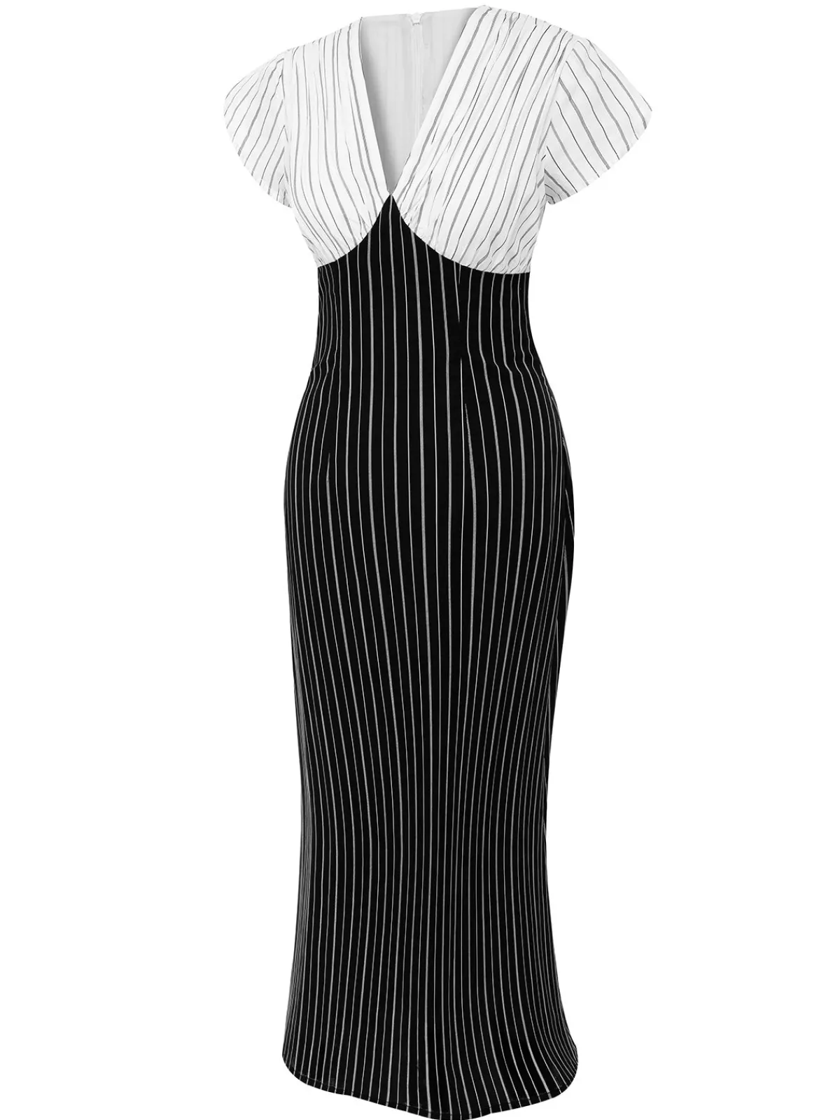 Discount Retro Stage 1930s Striped Deep V-Neck Patchwork Dress Black&White