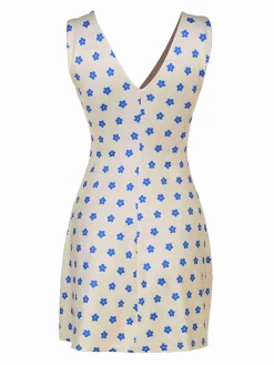 Clearance Retro Stage 1960s Floral Wide Strap Deep V-Neck Dress Blue & Apricot