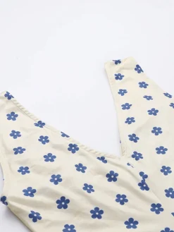 Clearance Retro Stage 1960s Floral Wide Strap Deep V-Neck Dress Blue & Apricot