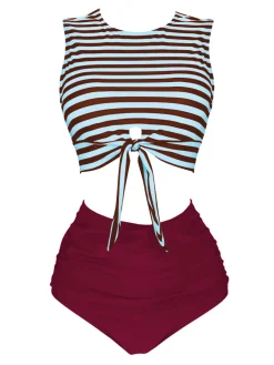 Discount Retro Stage Blue & Red 1970s Striped Waist Tie Patchwork Swimsuit