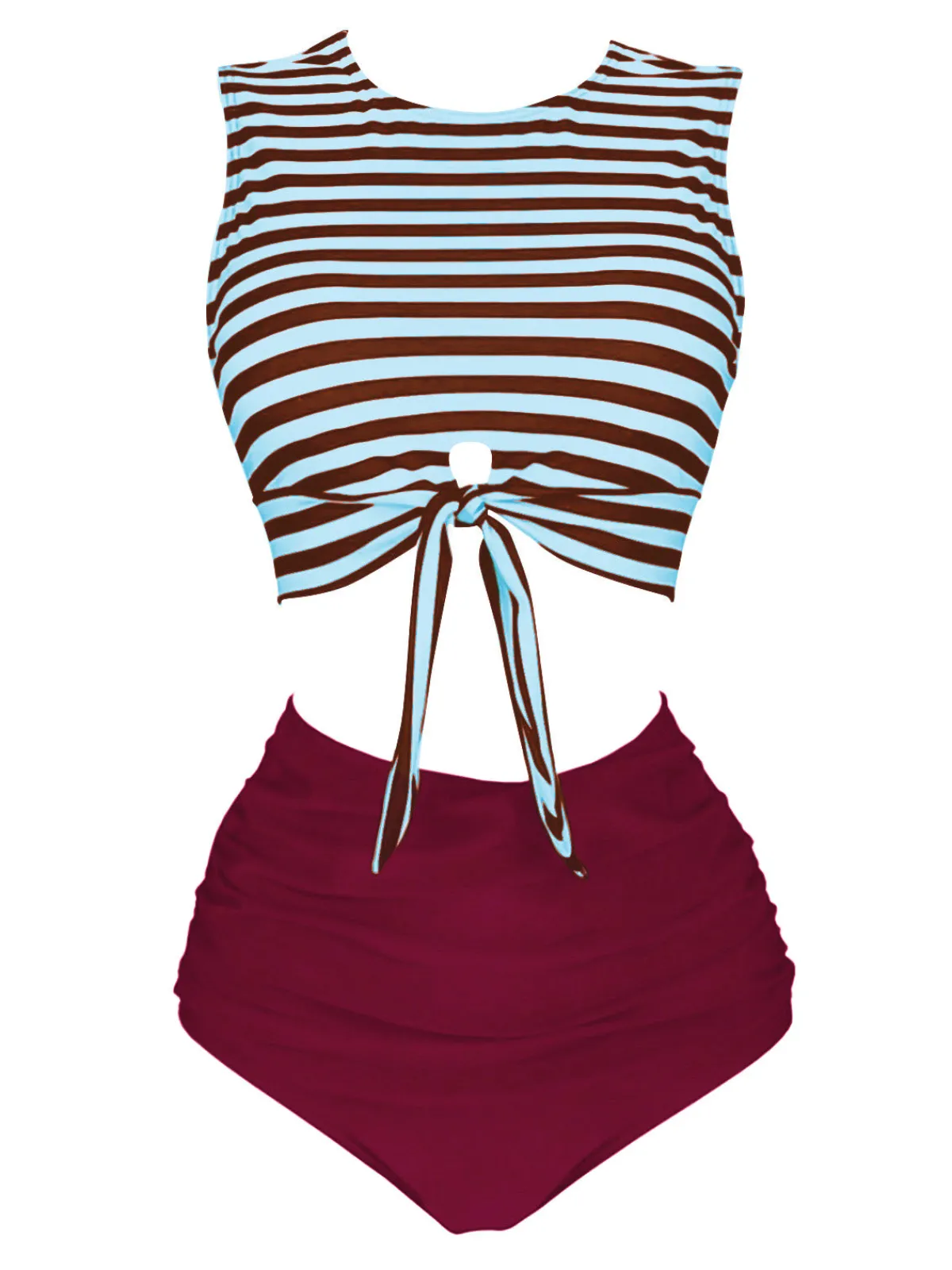 Discount Retro Stage Blue & Red 1970s Striped Waist Tie Patchwork Swimsuit