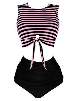 Discount Retro Stage Blue & Red 1970s Striped Waist Tie Patchwork Swimsuit