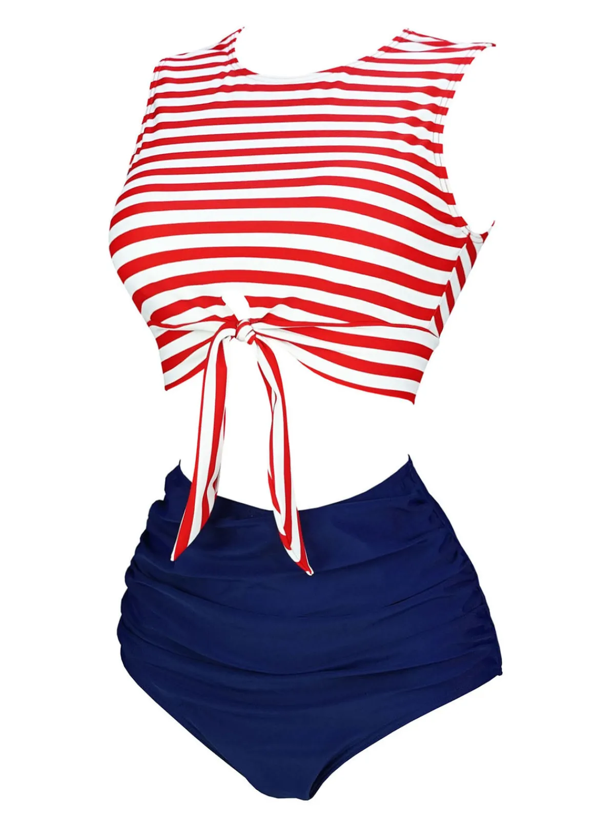 Discount Retro Stage Blue & Red 1970s Striped Waist Tie Patchwork Swimsuit