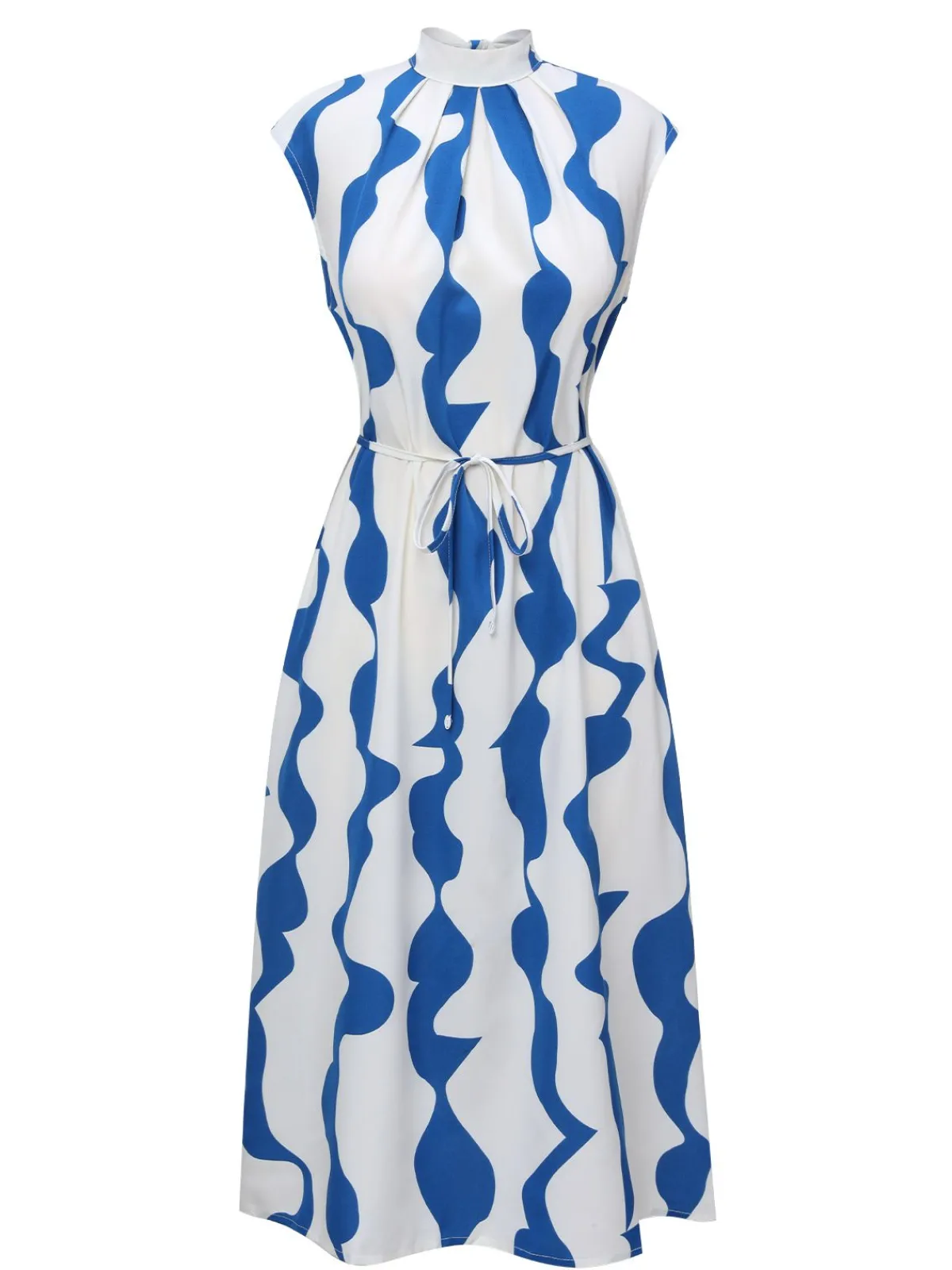 Sale Retro Stage 1940s Curves Stand Collar Belt Dress Blue & White