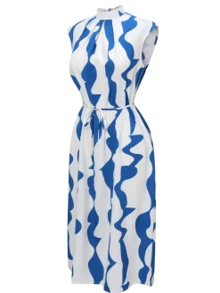 Sale Retro Stage 1940s Curves Stand Collar Belt Dress Blue & White