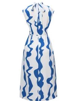 Sale Retro Stage 1940s Curves Stand Collar Belt Dress Blue & White