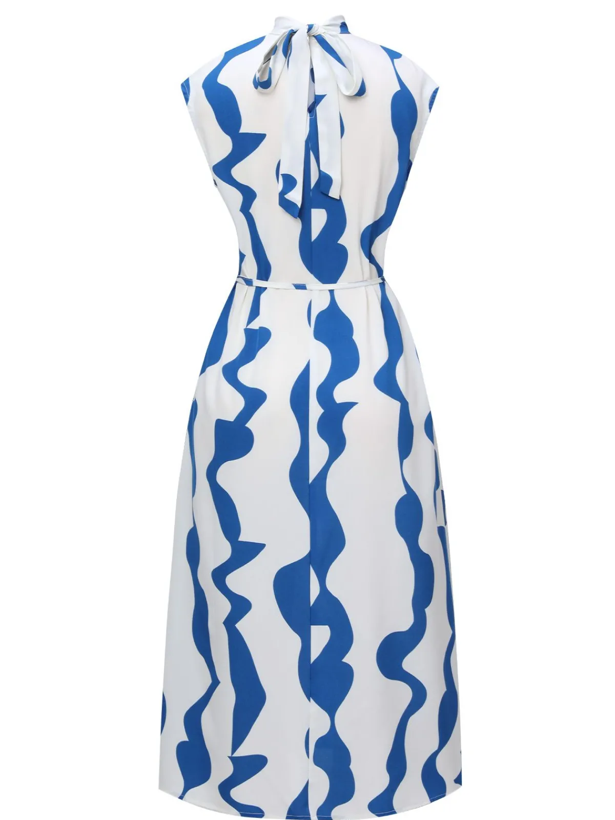 Sale Retro Stage 1940s Curves Stand Collar Belt Dress Blue & White