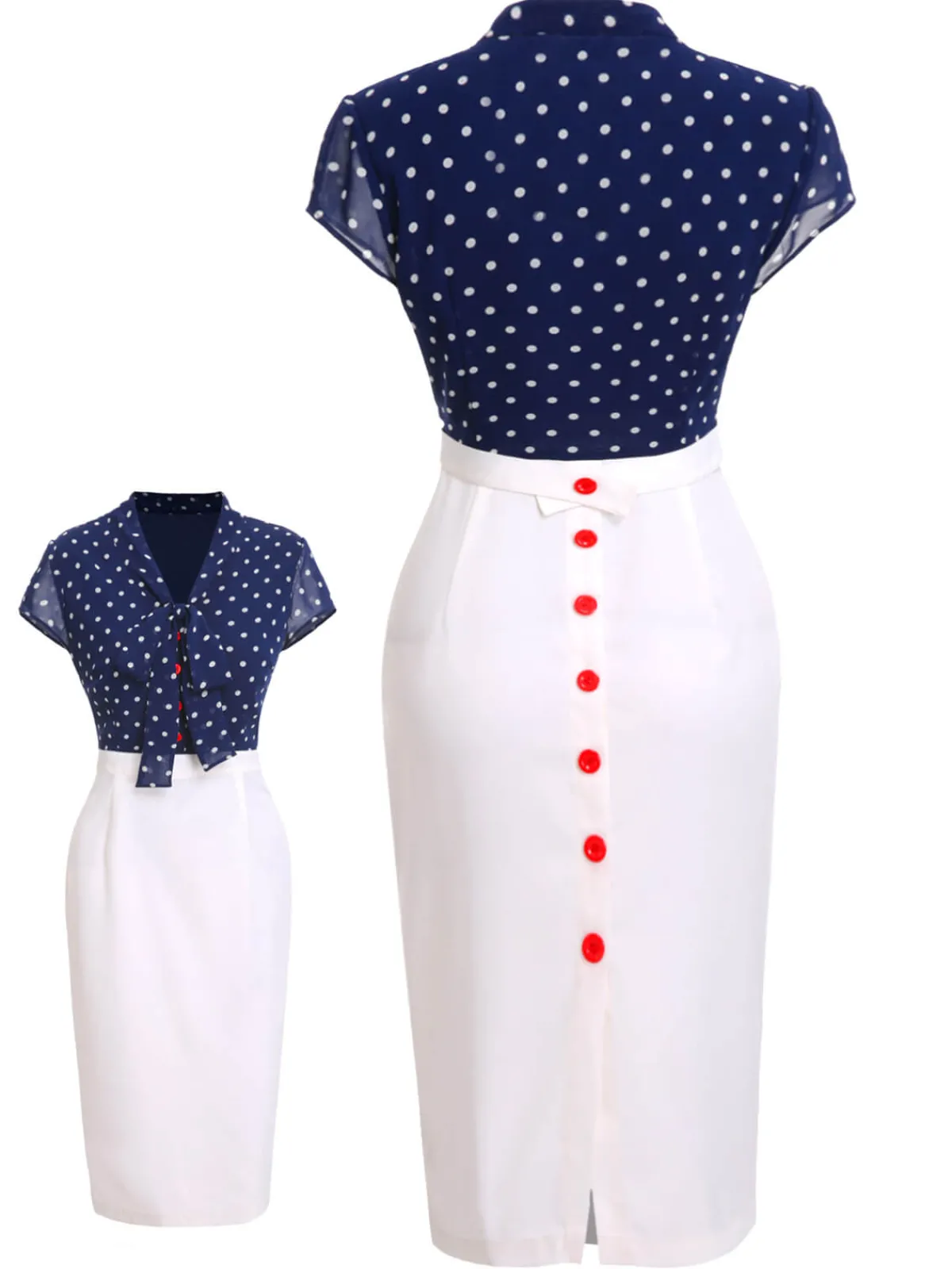 Online Retro Stage Blue & White 1960s Polka Dot Cap Sleeve Dress Dark Blue