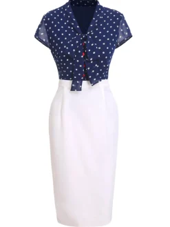 Online Retro Stage Blue & White 1960s Polka Dot Cap Sleeve Dress Dark Blue