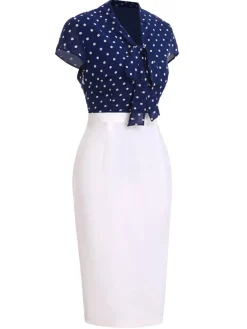 Online Retro Stage Blue & White 1960s Polka Dot Cap Sleeve Dress Dark Blue