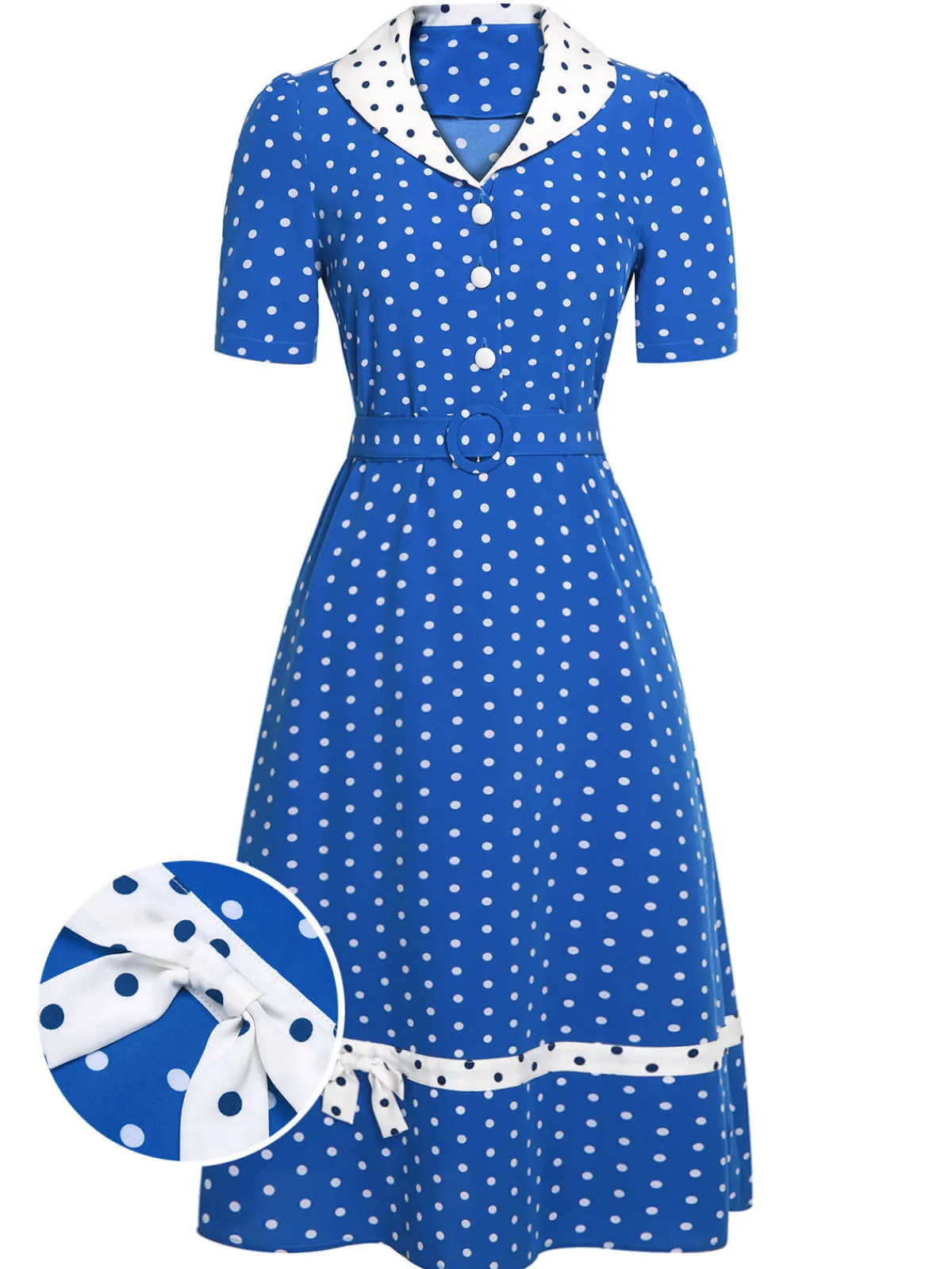 Hot Retro Stage 1940s Polka Dot Lapel Dress Blue & White