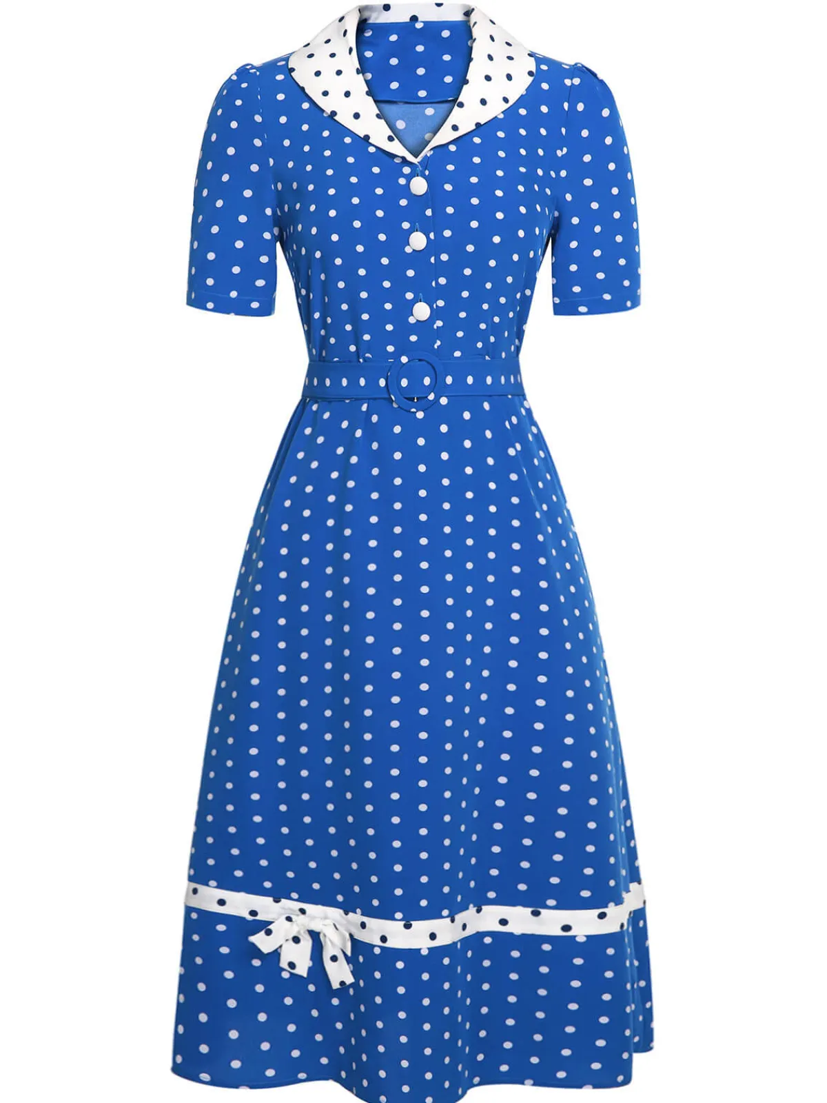 Hot Retro Stage 1940s Polka Dot Lapel Dress Blue & White