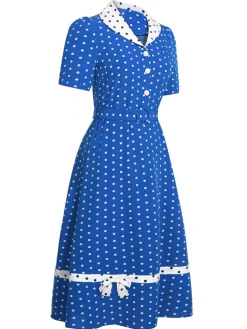 Hot Retro Stage 1940s Polka Dot Lapel Dress Blue & White