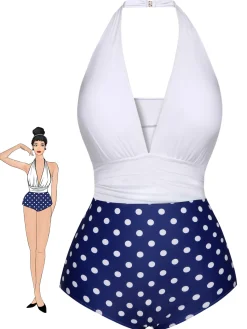 Online Retro Stage Blue & White 1950s Polka Dots Halter Swimsuit Dark Blue