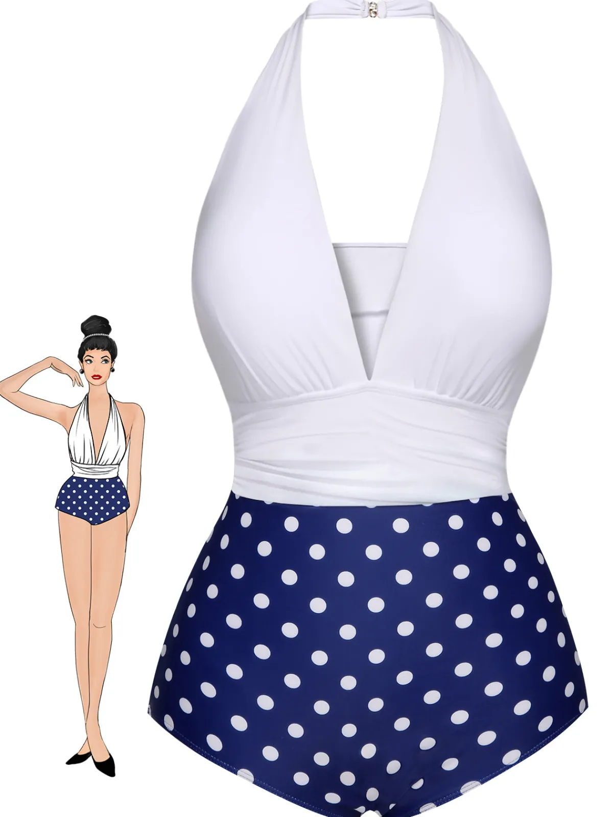 Online Retro Stage Blue & White 1950s Polka Dots Halter Swimsuit Dark Blue