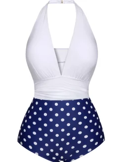 Online Retro Stage Blue & White 1950s Polka Dots Halter Swimsuit Dark Blue