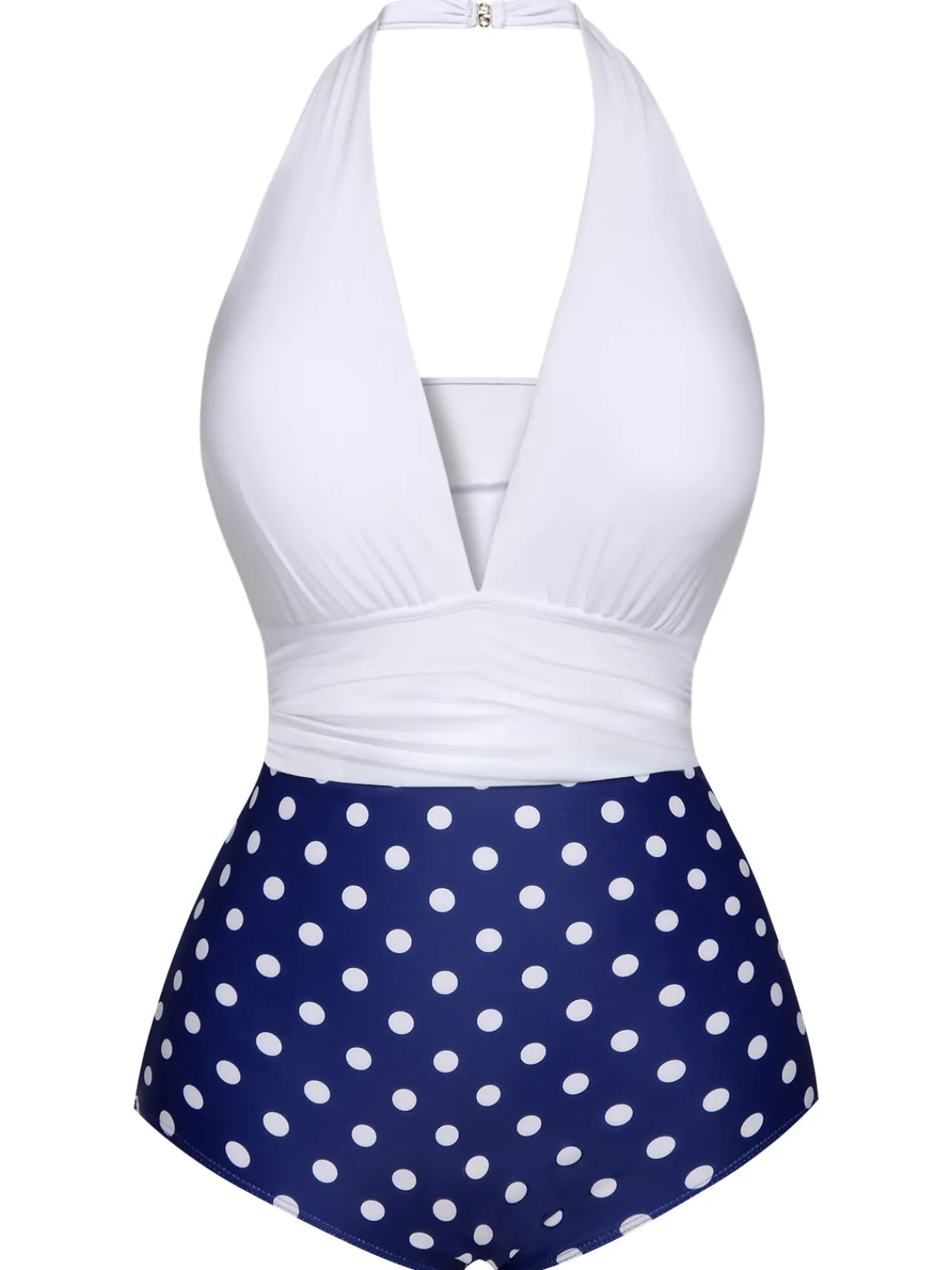 Online Retro Stage Blue & White 1950s Polka Dots Halter Swimsuit Dark Blue