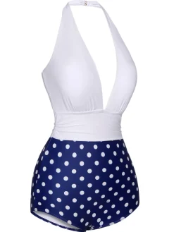 Online Retro Stage Blue & White 1950s Polka Dots Halter Swimsuit Dark Blue
