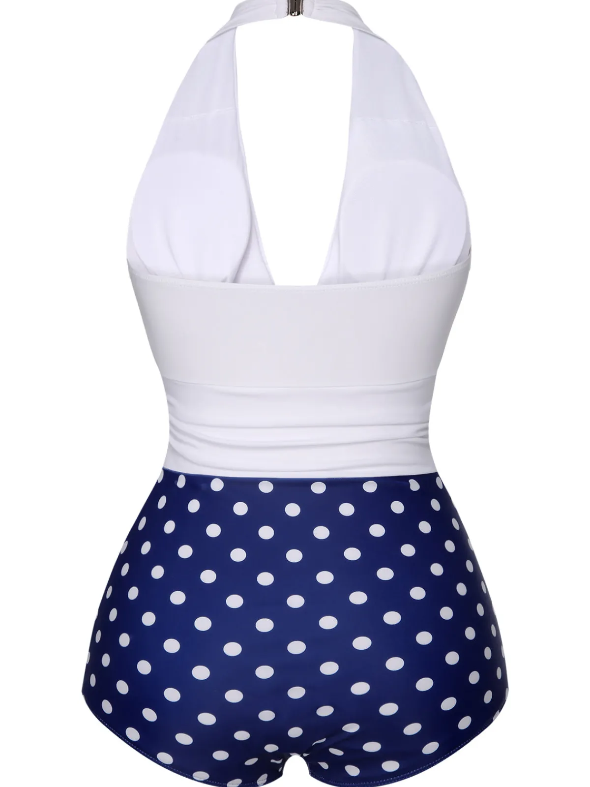 Online Retro Stage Blue & White 1950s Polka Dots Halter Swimsuit Dark Blue