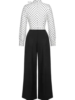 Discount Retro Stage Blue & White 1930s Polka Dots Tie Neck Jumpsuit