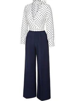 Discount Retro Stage Blue & White 1930s Polka Dots Tie Neck Jumpsuit