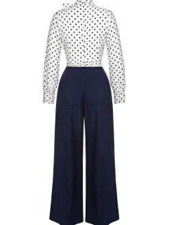 Discount Retro Stage Blue & White 1930s Polka Dots Tie Neck Jumpsuit