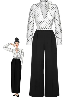 Discount Retro Stage Blue & White 1930s Polka Dots Tie Neck Jumpsuit