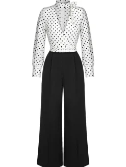 Discount Retro Stage Blue & White 1930s Polka Dots Tie Neck Jumpsuit
