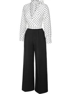 Discount Retro Stage Blue & White 1930s Polka Dots Tie Neck Jumpsuit