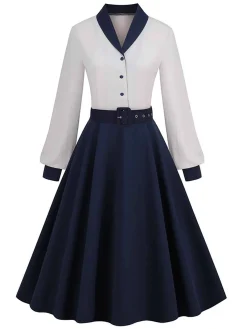 Outlet Retro Stage 1950s Solid Patchwork Dress Blue & White